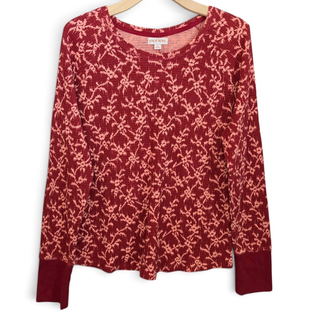 Knox Rose Top Womens XXL Burgundy Floral Waffle Knit Thermal Long Sleeve Shirt